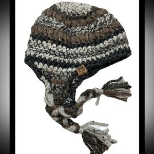 Gray Tan White Chunky Knit Hand Made Winter Hat Braided Hang Ties Womens OS warm